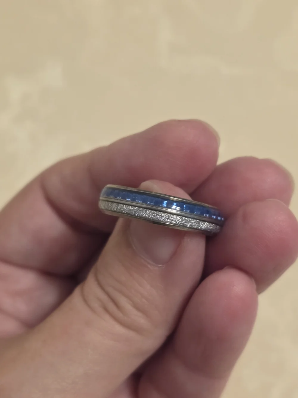 Men's Brushed Silver and Blue Jeweled Ring Band Size 10